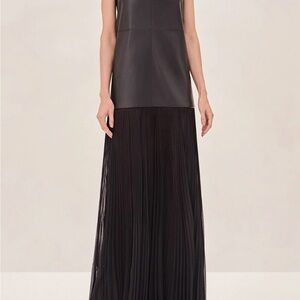 Alexis Black Pleated Maxi dress with Layered Sheer Panel